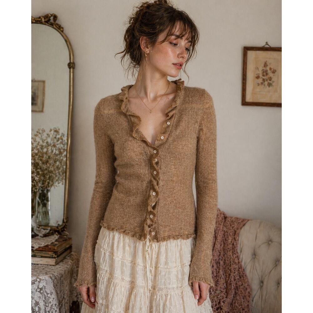 J.Crew Mohair Blend Ruffle Cardigan XS Camel Fairy Academia Cottagecore Sweater